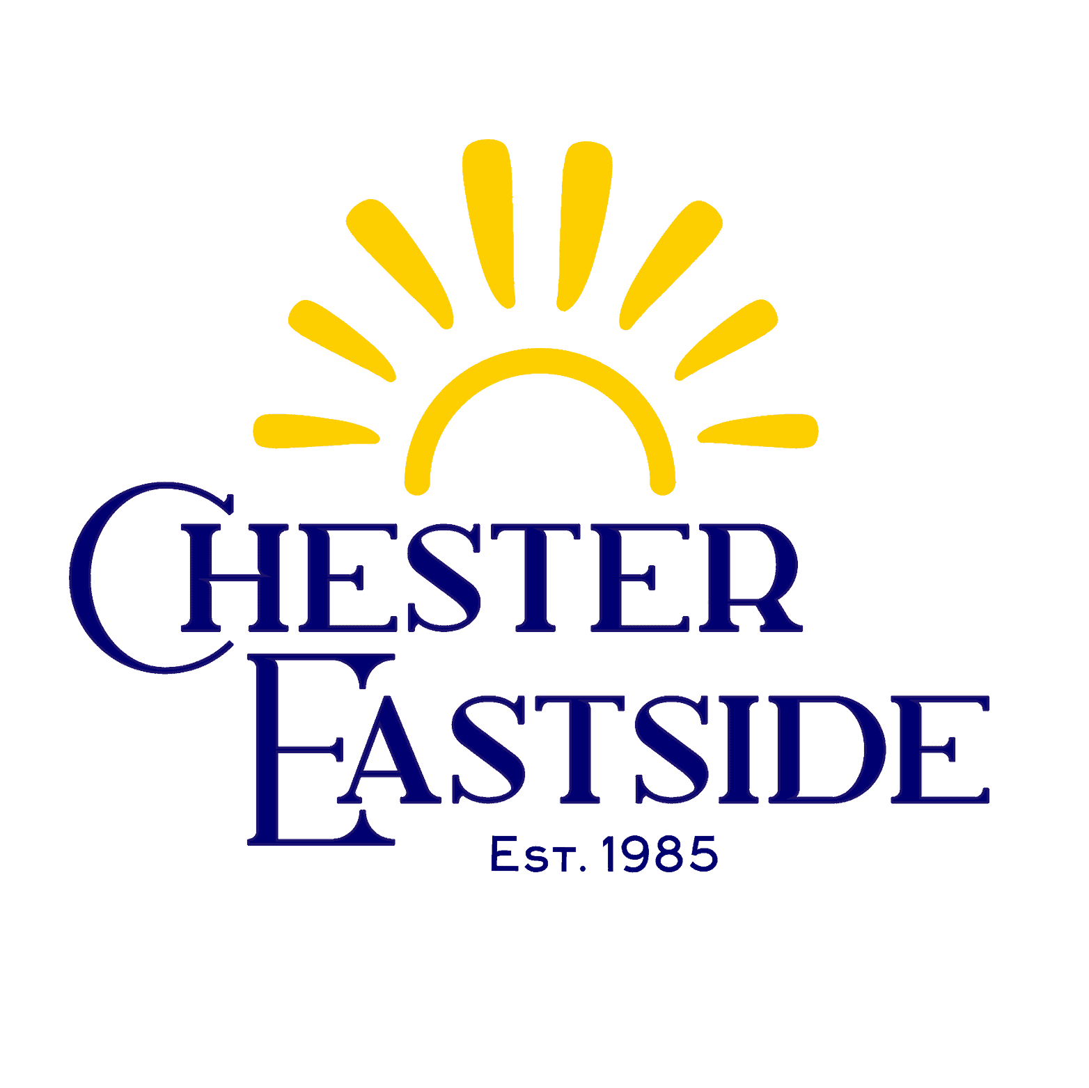 Chester Eastside logo. It is a yellow sun with the blue words Chester Eastside est 1985