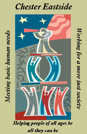 Illustration of three figures holding up two figures, which are holding up one figure looking through a telescope. The illustration is surrounded on the sides by 3 phrases: Meeting basic human needs, Working for a more just society, and Helping people of all ages be all they can be