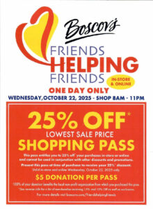 Boscov's Friends Helping Friends one day 25% coupon for 10/22/2025,