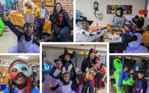 Collage of five pictures from a Halloween party